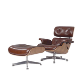 Classic Lounge Chair & Ottoman in Vintage Tan Waxed Leather and Walnut Finish - Interior Furnishes